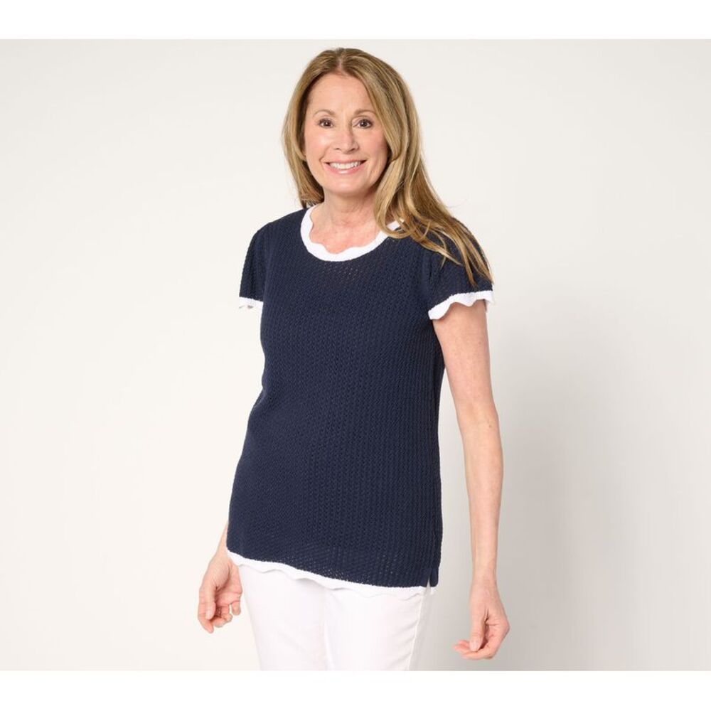 Top Knot Women's Sweater Sz XL Born to Bloom Crochet Scallop Blue A683336